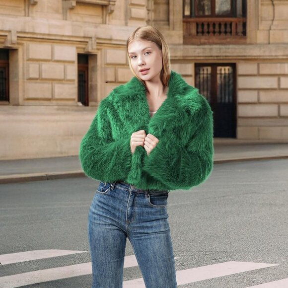 Women's Fur Coats Plus Size Cropped Faux Fuzzy Jacket Fluffy Fall Coat Green - Picture 4 of 5